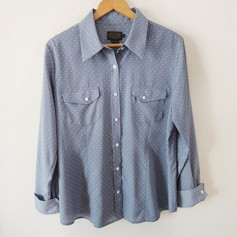 Pendleton Womens Size 14 Blue Polka Dot Button Down Long Sleeve Top Pockets